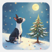 Boston Terrier Midnight Star-Gazing Christmas Vierkante Sticker (Voorkant)