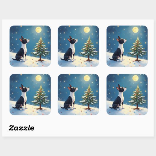Boston Terrier Midnight Star-Gazing Christmas Vierkante Sticker (Vel)