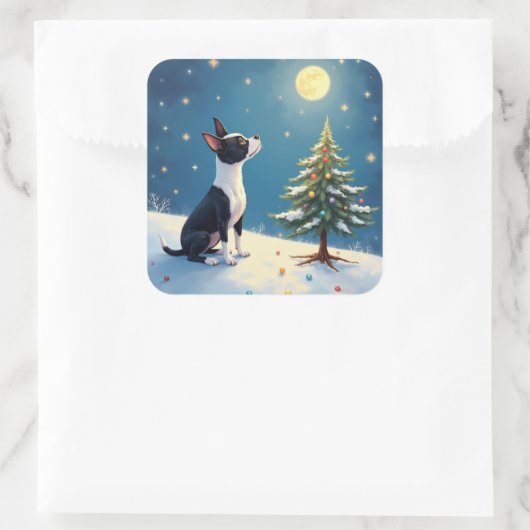 Boston Terrier Midnight Star-Gazing Christmas Vierkante Sticker (Tas)
