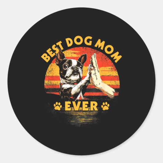 Boston terriër moeder retro zonsondergang grappige ronde sticker (Voorkant)