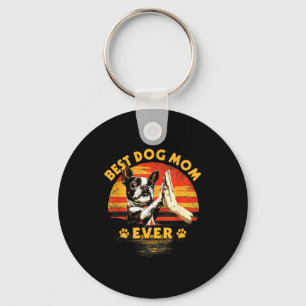 Boston terriër moeder retro zonsondergang grappige sleutelhanger