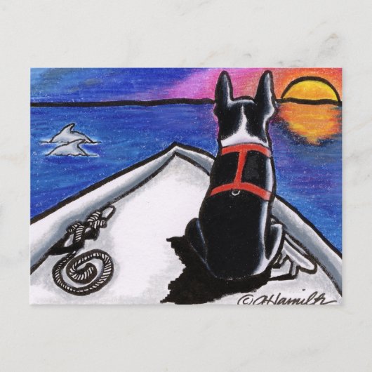 Boston Terrier Nautical Boat Sunset Off-Leash Art™ Briefkaart (Voorkant)