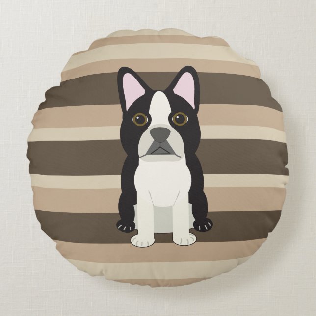 Boston Terrier Neutraal gestreept  Rond Kussen (Voorkant)