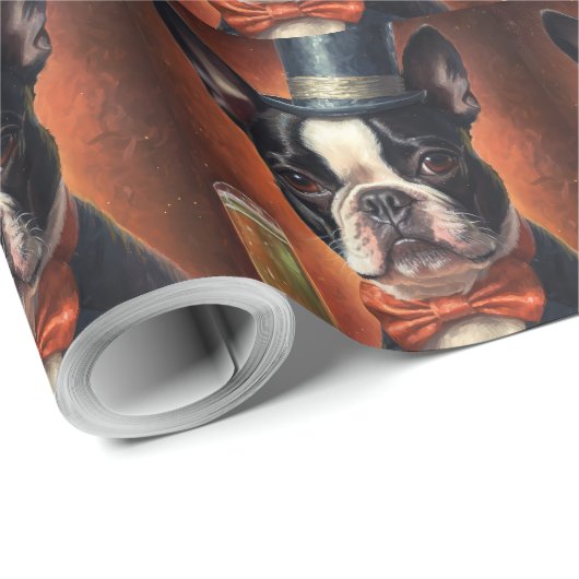 Boston Terrier Nieuwjaar Cadeaupapier (Rol Hoek)