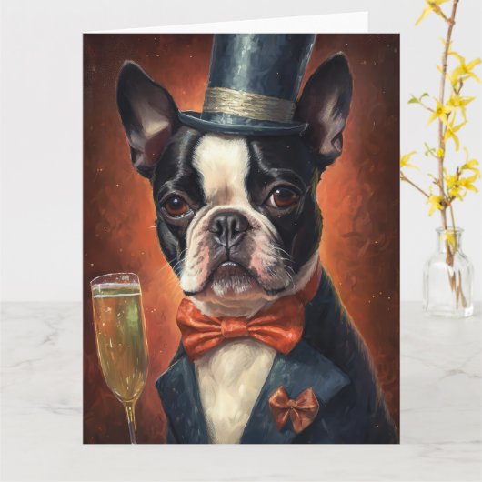 Boston Terrier Nieuwjaar Kaart (Gele Bloem)