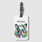 Boston Terrier omgeven door bloemen Gepersonalisee Bagagelabel (Voorkant (verticaal))