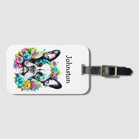 Boston Terrier omgeven door bloemen Gepersonalisee Bagagelabel (Voorkant (horizontaal))