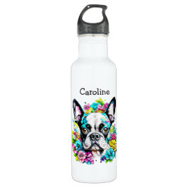 Boston Terrier omgeven door bloemen Gepersonalisee Waterfles