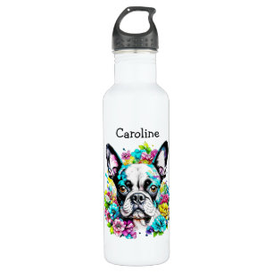 Boston Terrier omgeven door bloemen Gepersonalisee Waterfles