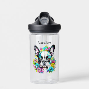 Boston Terrier omringd door gepersonaliseerde bloe Waterfles