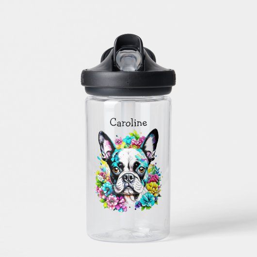 Boston Terrier omringd door gepersonaliseerde bloe Waterfles (Voorkant)
