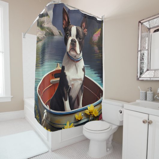 Boston Terrier op een peddel: Een Schilderachtig a Douchegordijn (In situ)