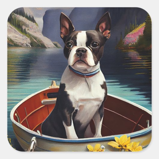 Boston Terrier op een peddel: Een Schilderachtig a Vierkante Sticker (Voorkant)