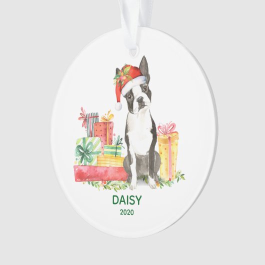 Boston Terrier Ornament met hondennaam (voorkant)