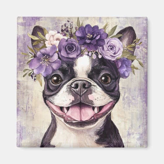 Boston Terrier Paarse bloemenkeuken Magneet (Voorkant)