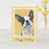 Boston Terrier Painting - Cute Original Dog Art Kaart (Gele Bloem)