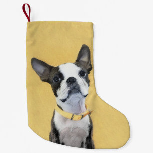 Boston Terrier Painting - Cute Original Dog Art Kleine Kerstsok