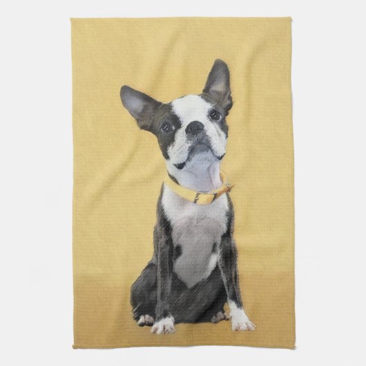 Boston Terrier Painting - Cute Original Dog Art Theedoek (Verticaal)