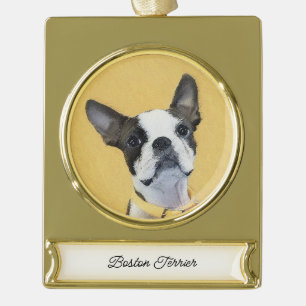 Boston Terrier Painting - Cute Original Dog Art Verguld Banner Ornament