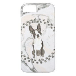 Boston Terrier Paw Prints and Marble Background iPhone 8/7 Hoesje