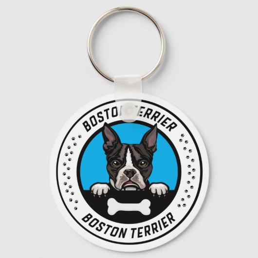 Boston Terrier Peeking Illustration Badge Sleutelhanger (Voorkant)