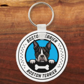 Boston Terrier Peeking Illustration Badge Sleutelhanger (Voorkant)