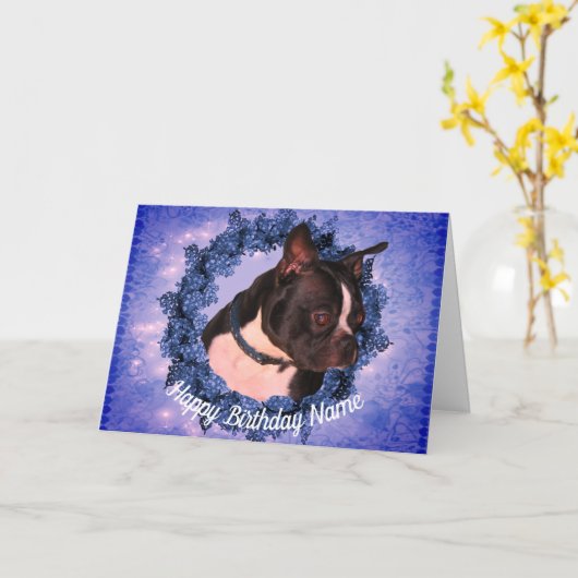 Boston Terrier Personalized Birthday Kaart (Gele Bloem)