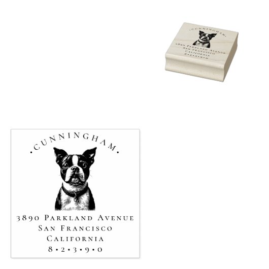 Boston Terrier Pet Dog Achternaam en retouradres Rubberstempel (Gestempeld)