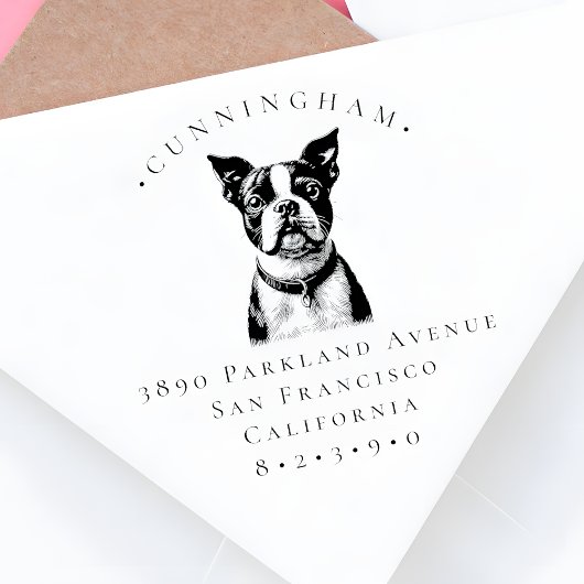 Boston Terrier Pet Dog Achternaam en retouradres Rubberstempel