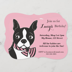 Boston Terrier Pink Birthday Custom Invitation Kaart