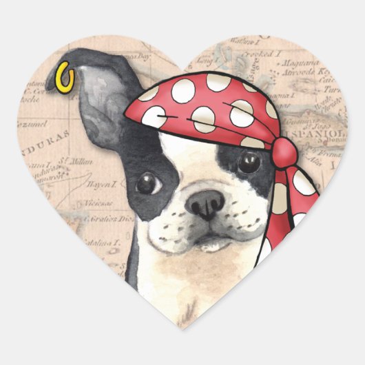Boston Terrier Pirate Hart Sticker (Voorkant)