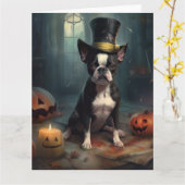 Boston Terrier pompoenen Halloween eng Kaart (Gele Bloem)
