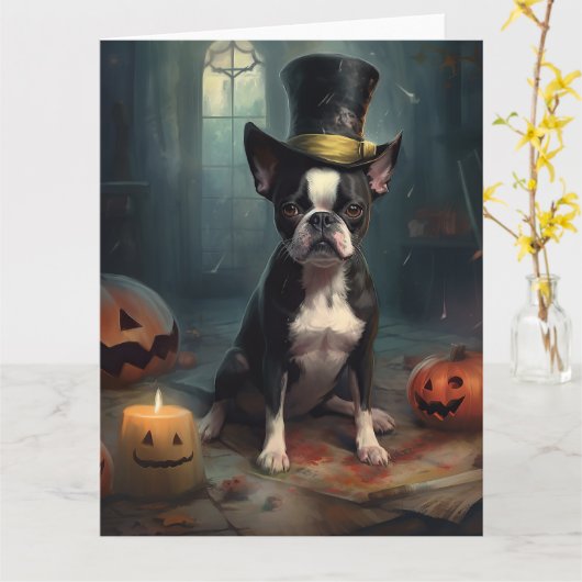 Boston Terrier pompoenen Halloween eng Kaart (Gele Bloem)