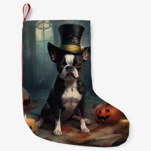 Boston Terrier pompoenen Halloween eng Kleine Kerstsok (Voorkant)