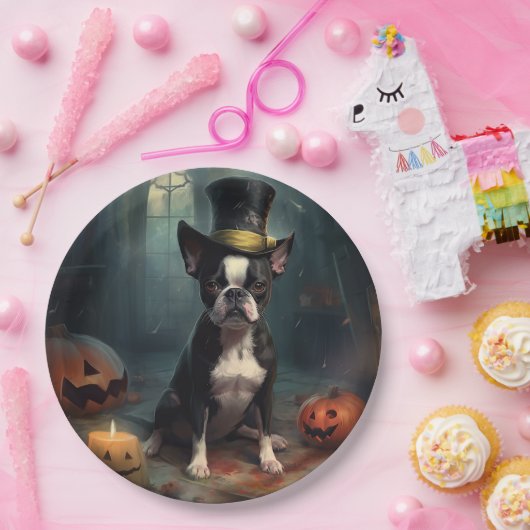 Boston Terrier pompoenen Halloween eng Papieren Bordje (Feest)