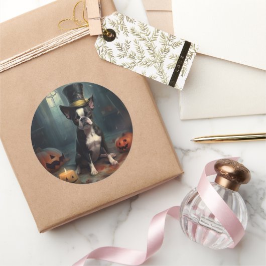 Boston Terrier pompoenen Halloween eng Ronde Sticker (Geschenken)