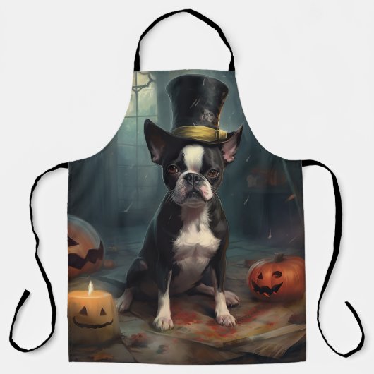 Boston Terrier pompoenen Halloween eng Schort (Voorkant)