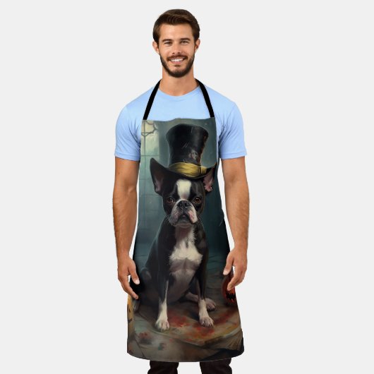 Boston Terrier pompoenen Halloween eng Schort (Gedragen)