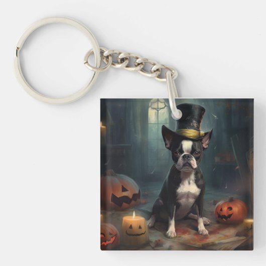 Boston Terrier pompoenen Halloween eng Sleutelhanger (Voorkant)