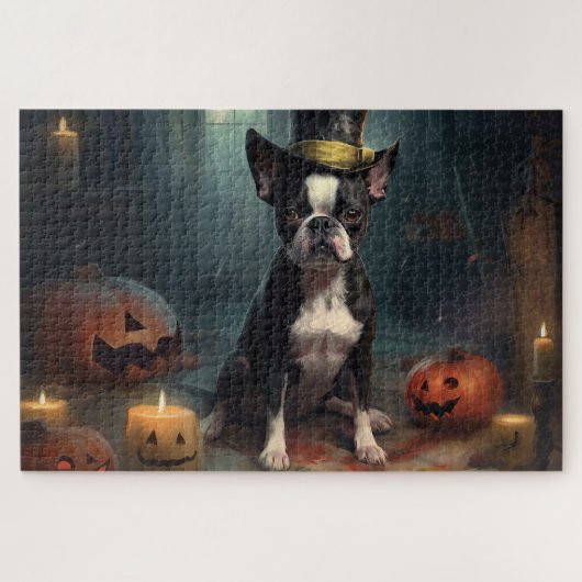 Boston Terrier Pompoenen Halloween Griezelen Legpuzzel (Horizontaal)