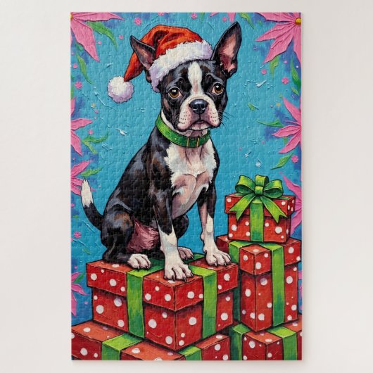 Boston Terrier Pop Art Christmas Packages Hat Legpuzzel (Verticaal)