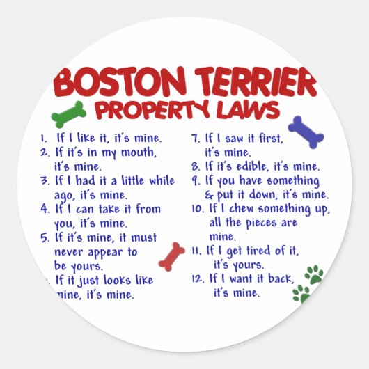 Boston Terrier Property Laws 2 Ronde Sticker (Voorkant)