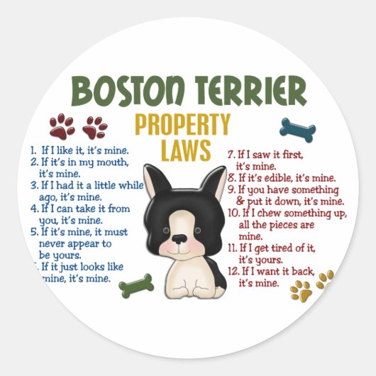 Boston Terrier Property Laws 4 Ronde Sticker (Voorkant)