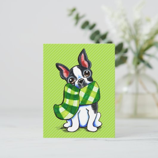 Boston Terrier Pset Scarf Winter Briefkaart (Staand voorkant)