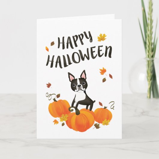 Boston Terrier Pumpkin Fall Leaves Halloween Card Kaart (Voorkant)