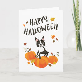 Boston Terrier Pumpkin Fall Leaves Halloween Card Kaart
