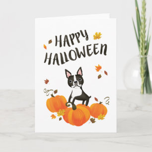Boston Terrier Pumpkin Fall Leaves Halloween Card Kaart