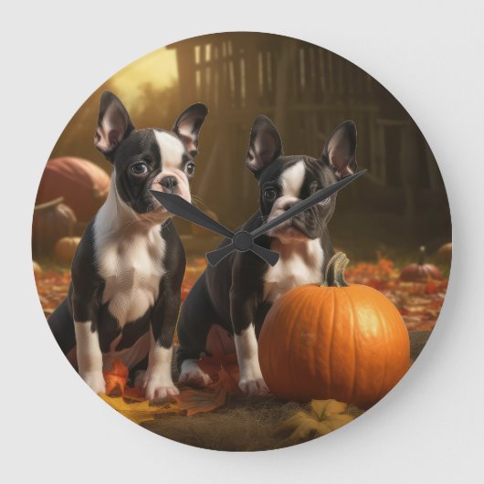 Boston Terrier Pup Autumn Delight Pumpkin Grote Klok (Voorkant)