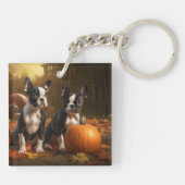 Boston Terrier Pup Autumn Delight Pumpkin Sleutelhanger (Achterkant)