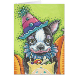 BOSTON TERRIER PUP, HALLOEEN CLOWN DOG CARD Blank